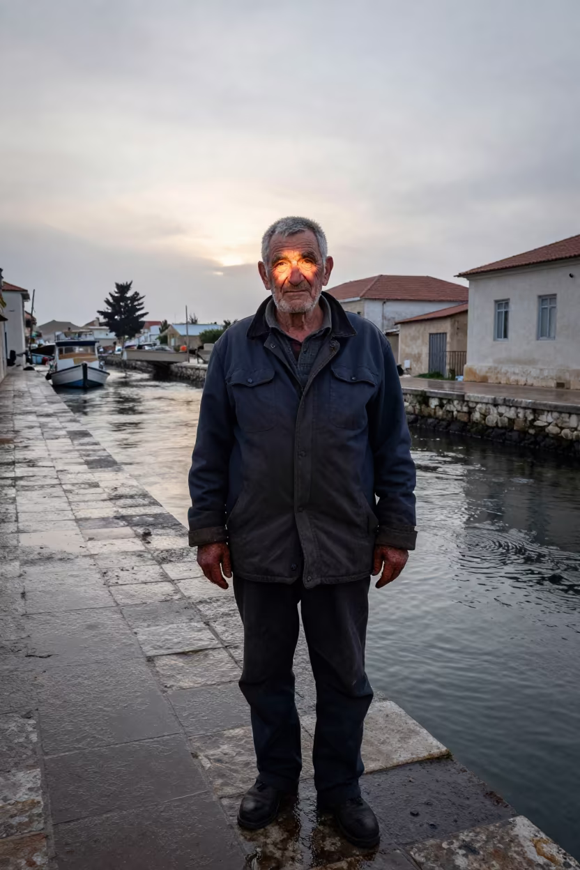 Weathered Sawmill Operator at Heraklion Canal Dawn in beside a canal in Heraklion