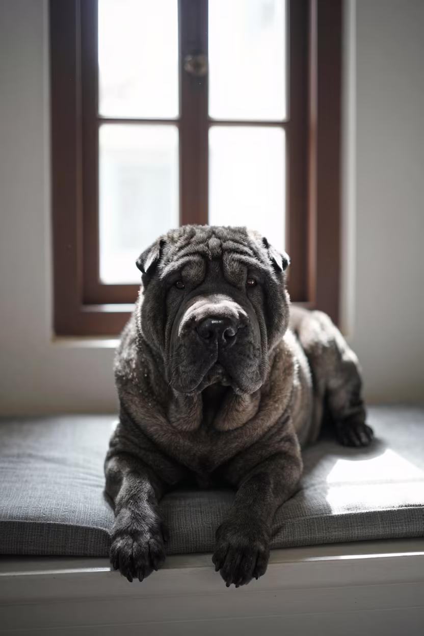 Weathered Shar-Pei Portrait on Window Seat in on a cushioned window seat with soft side light and an uncluttered background in Bui Vien, Ho Chi Minh City