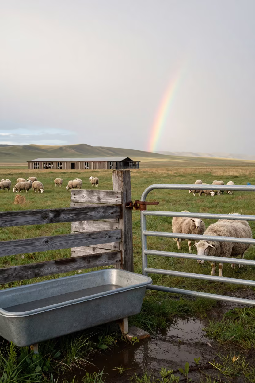 Weathered Sheep Gate Latch Montana After Rain in near a windbreak and water trough in Montana