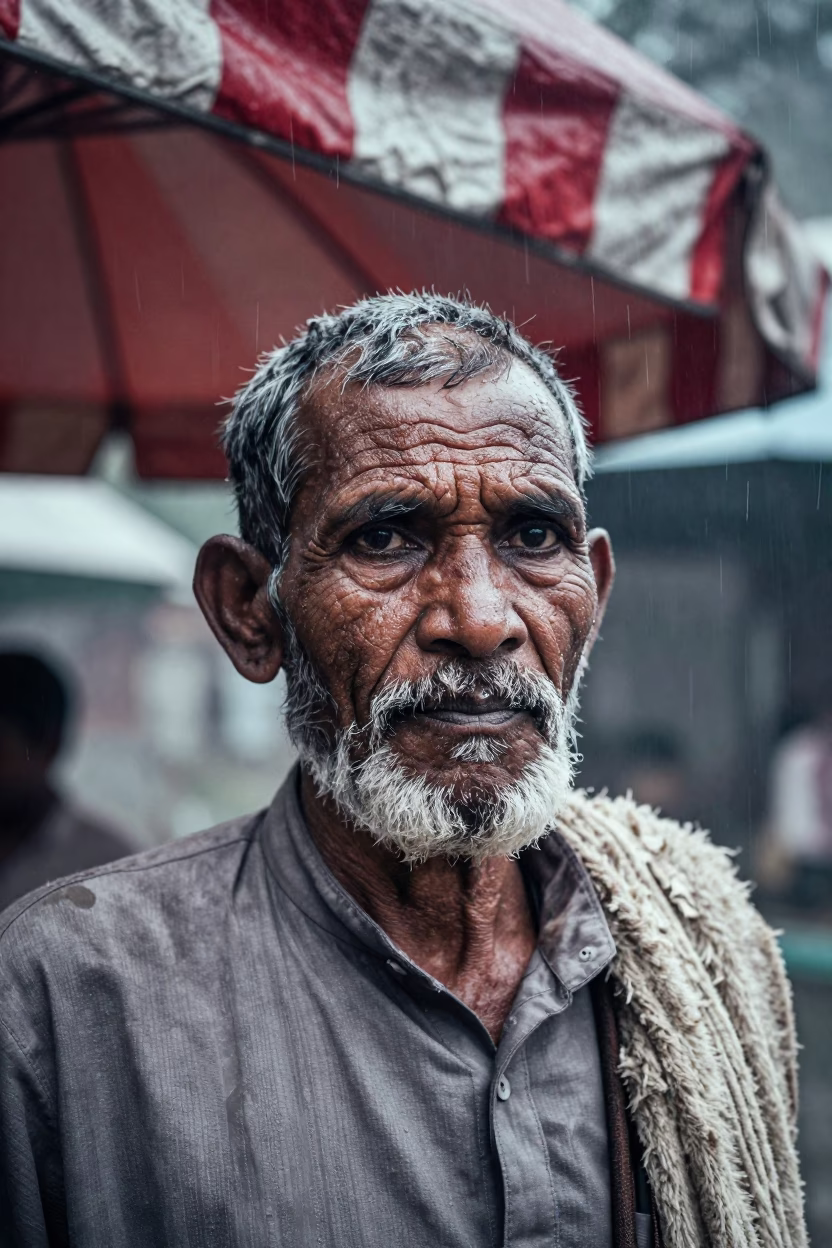 Weathered Shepherd Face Under Striped Awning in under a striped market awning near Mysore