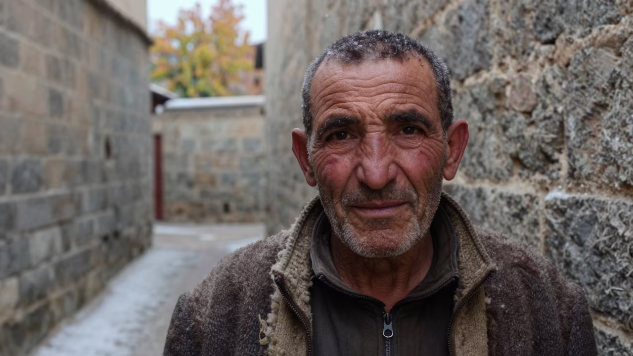 Weathered Shepherd in Tlemcen Stone Alley in in a narrow stone alley near Tlemcen