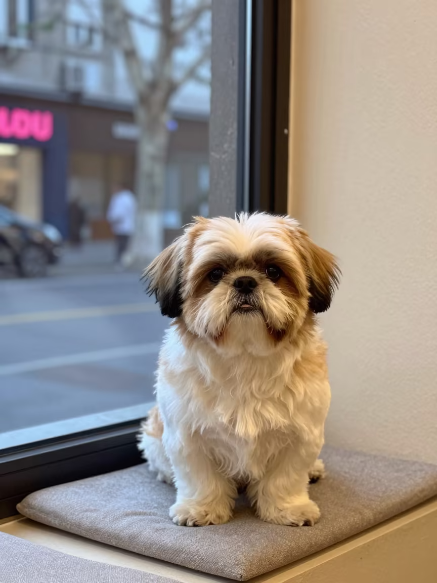 Weathered Shih Tzu Portrait on Window Seat in on a cushioned window seat with soft side light and an uncluttered background in Nottingham