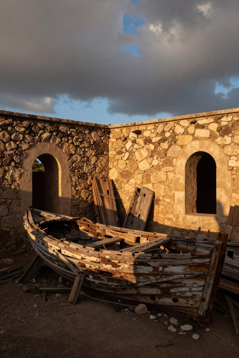Weathered Shipwreck in Sardinian Roofless Hammam in inside a roofless hammam in Sardinia