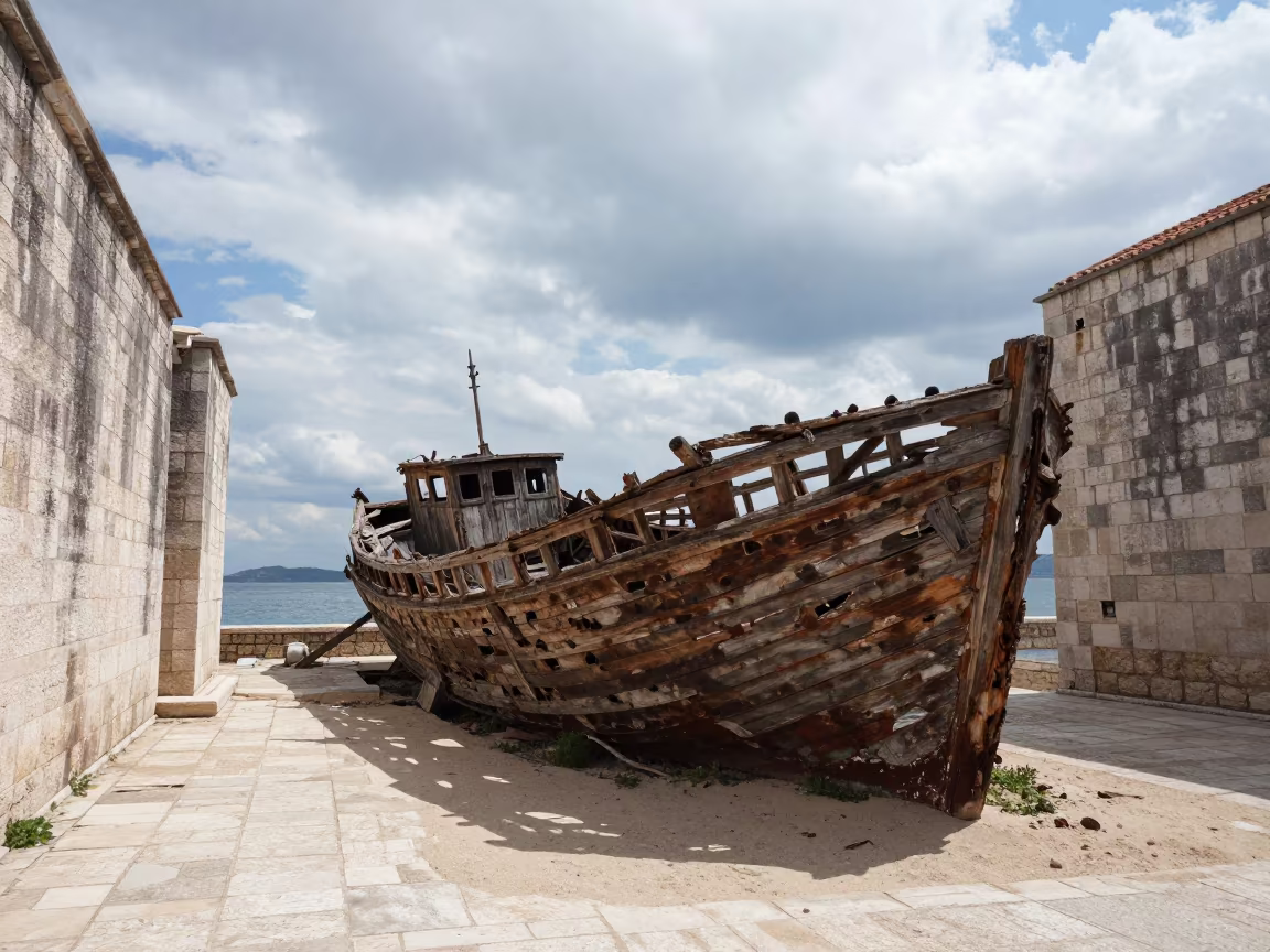 Weathered Shipwreck in Split Nave in inside a roofless nave near Split