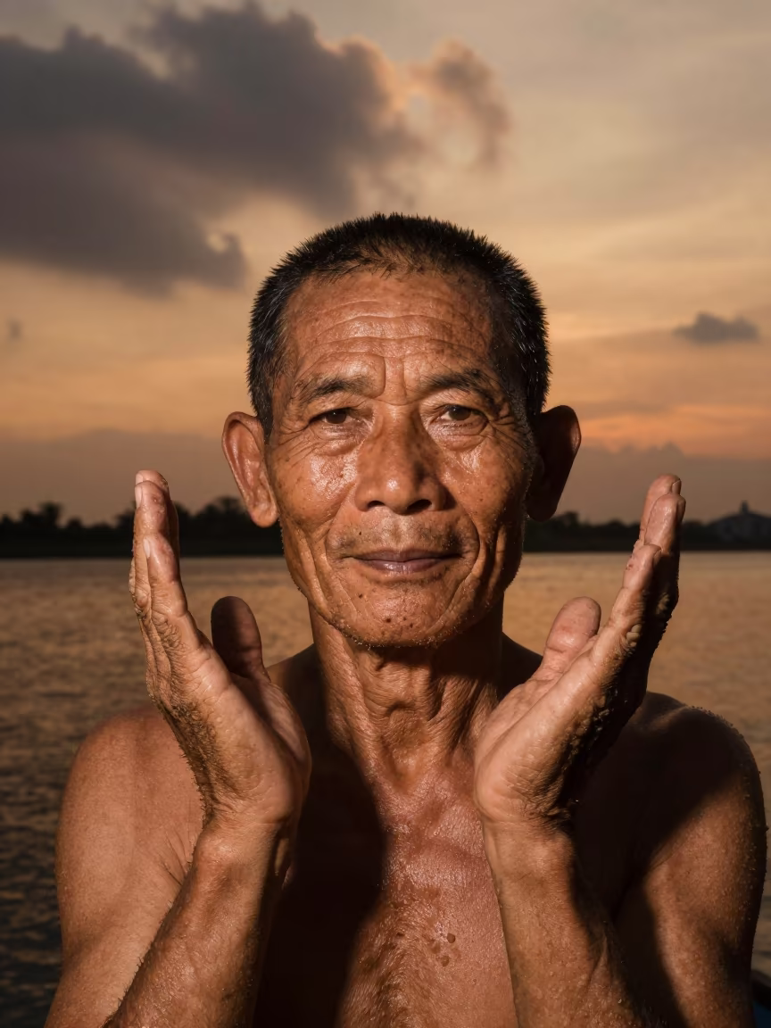 Weathered Shrimper Face in Amber Sunset Light in in Nanning
