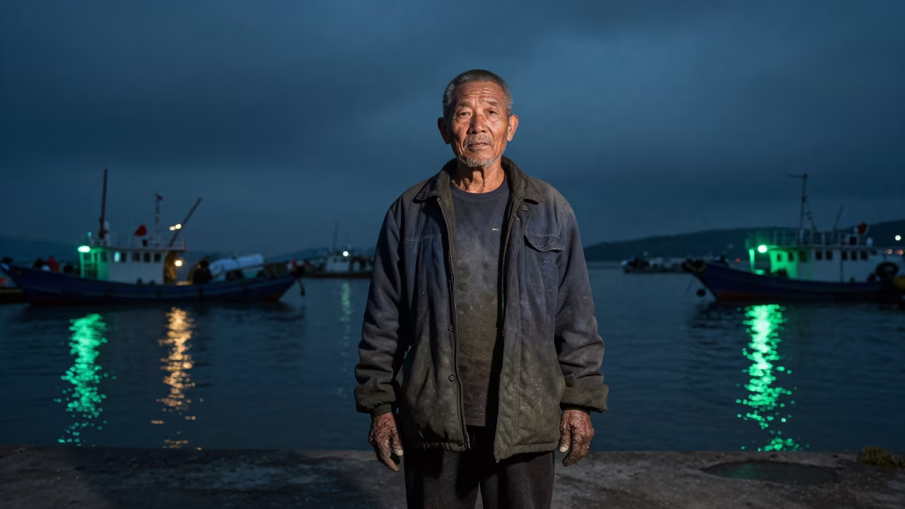 Weathered Shrimper Face Under Neon Harbor Lights in at a harbor edge in Wenzhou