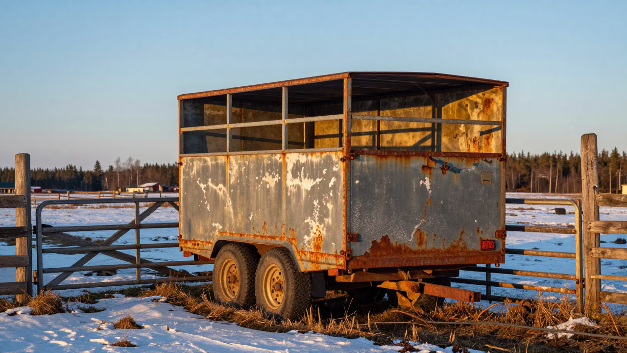 Weathered Stock Trailer Divider in Finnish Thaw in beside a pasture gate in Finland