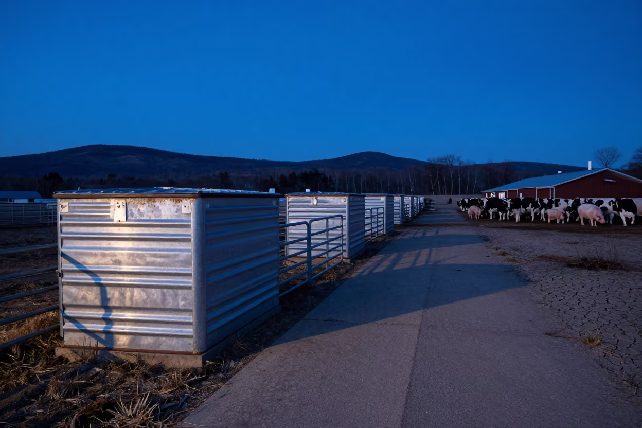 Weathered Stockyard Latch Bin at Blue Evening Shadow in at a stockyard loading ramp in New Hampshire