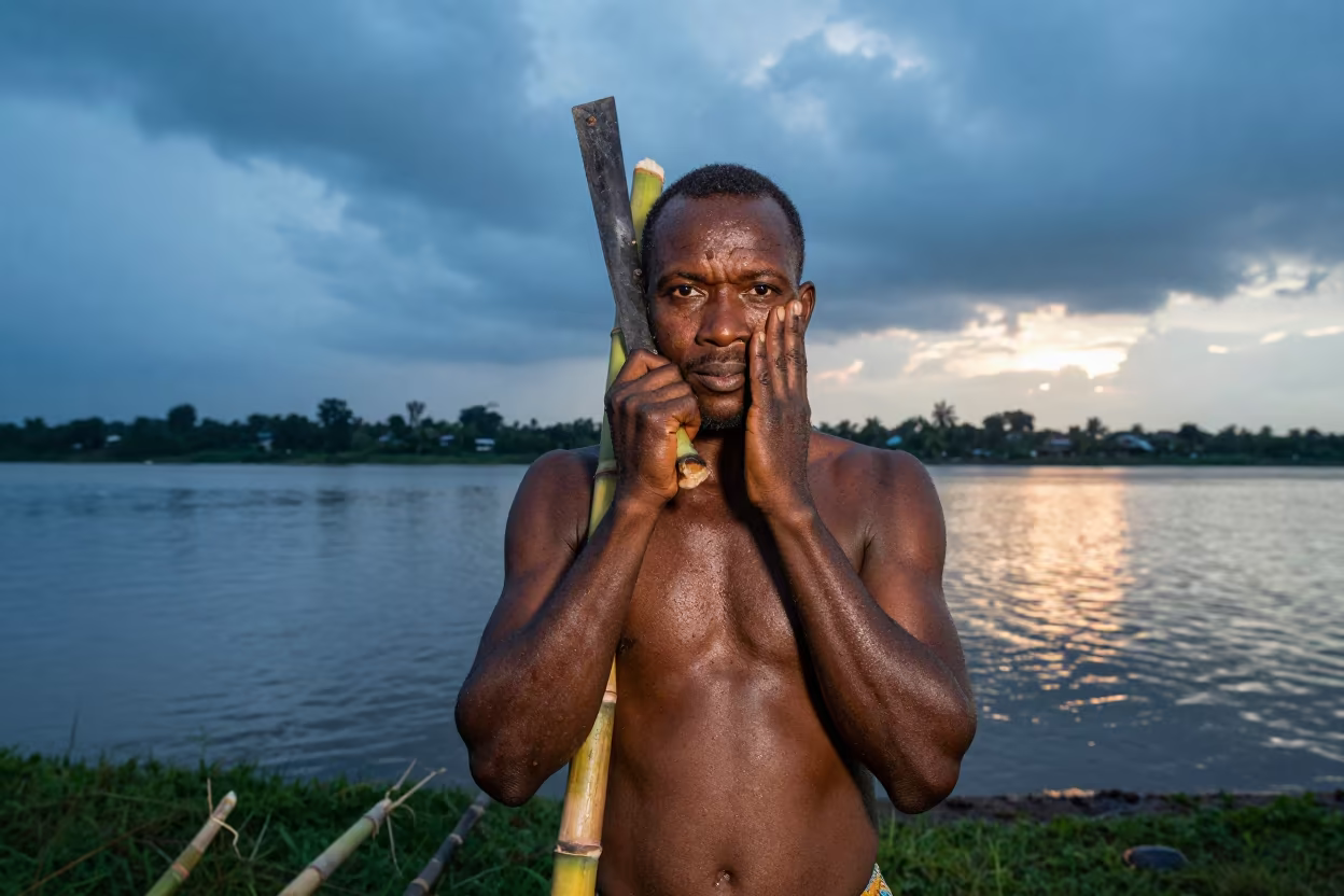 Weathered Sugarcane Cutter Portrait at Blue Hour in near a riverside landing in Port-Gentil