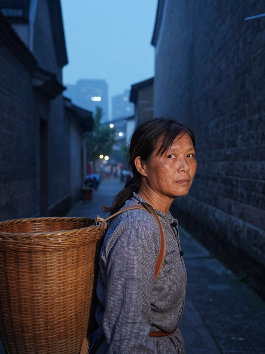 Weathered Tea Picker in Nanchang Alley in in a narrow stone alley near Nanchang