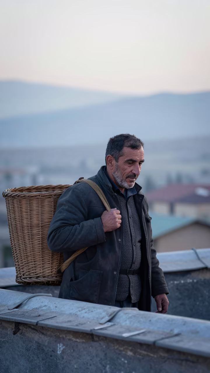 Weathered Tea Picker Portrait at Dawn in along a windswept rooftop near Kırıkkale
