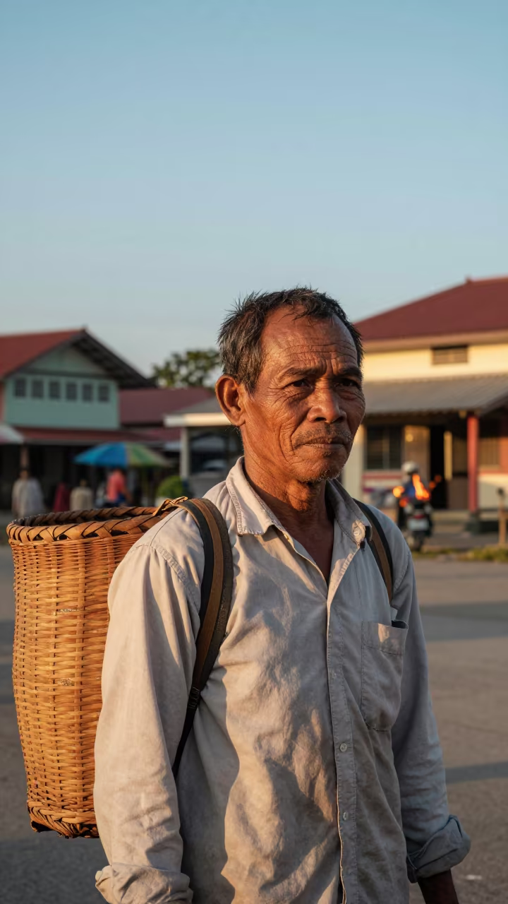 Weathered Tea Picker Portrait Golden Hour in at the edge of a village square near Kota Kinabalu