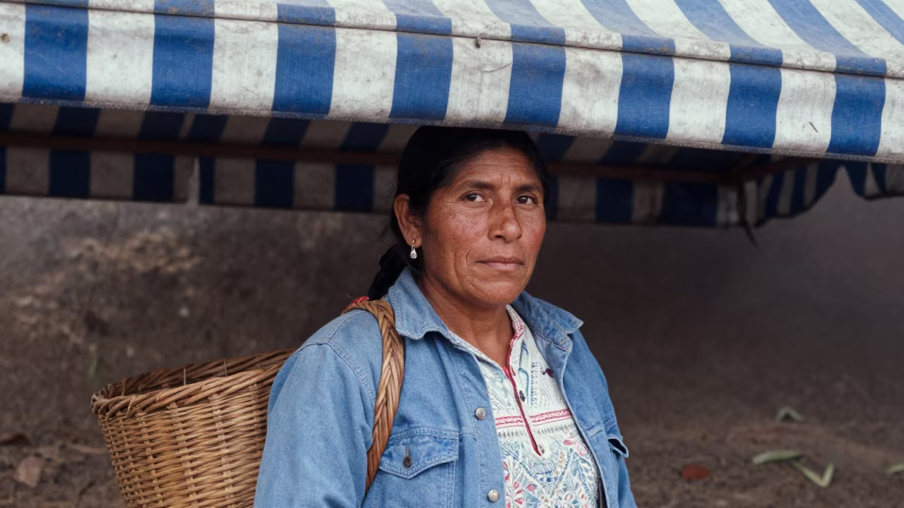 Weathered Tea Picker Under Striped Awning in under a striped market awning near Tapachula de Córdova y Ordóñez