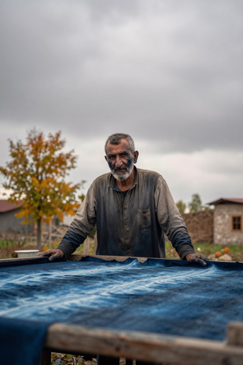 Weathered Textile Dyer in Indigo Shadow in near Çorlu