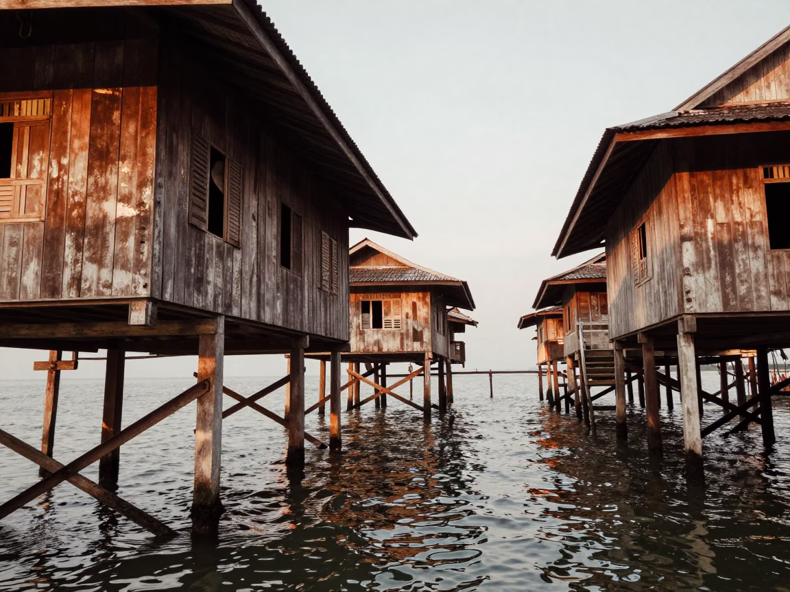 Weathered Thai Stilt House Over Lagoon in in Thailand
