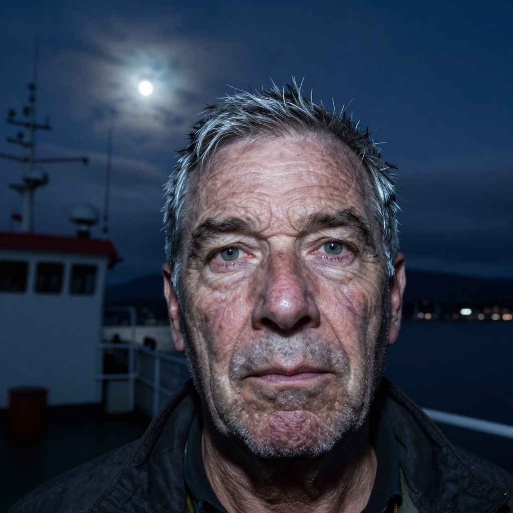 Weathered trawler captain face in cold night moonlight in near Strathcona, Vancouver