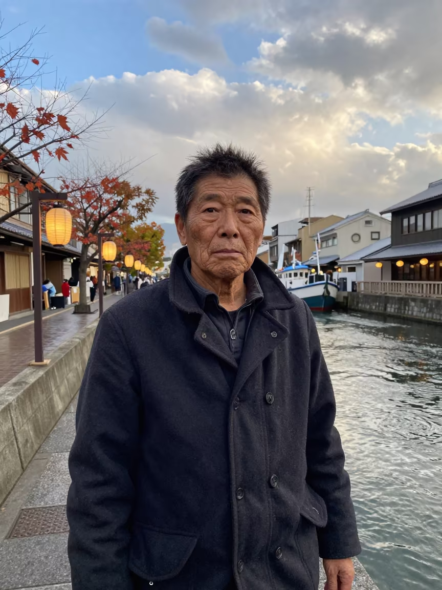 Weathered Trawler Captain Portrait Osaka Canal in beside a canal in Shinsaibashi, Osaka