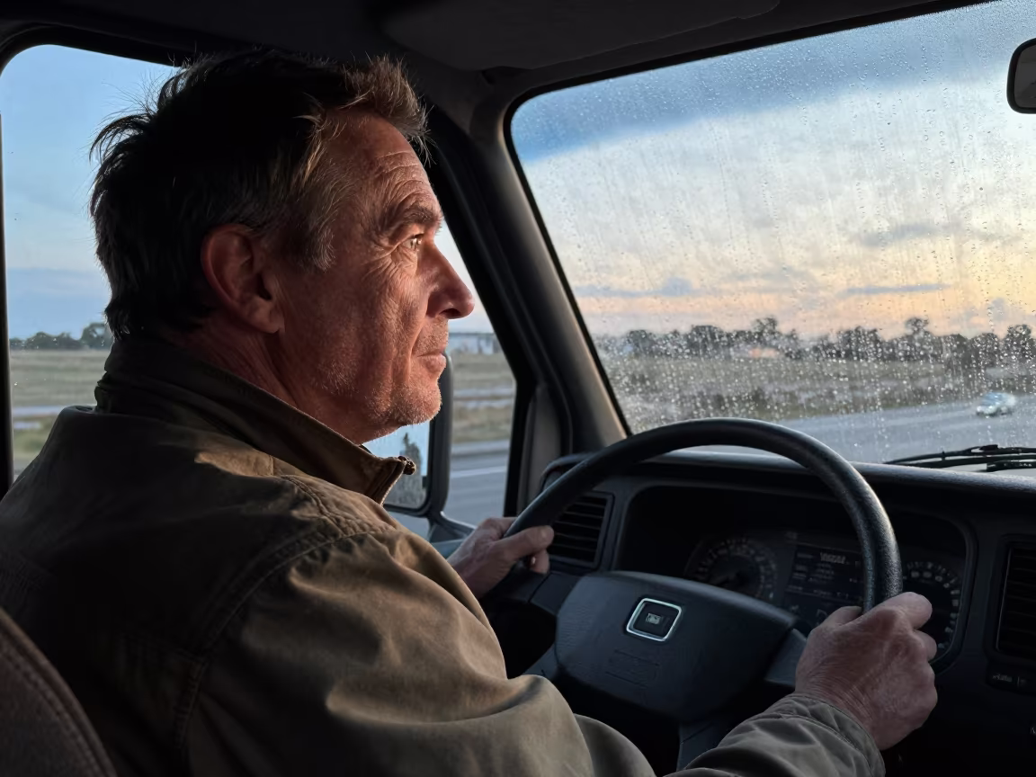 Weathered Truck Driver in Dawn Rain in in Chaman