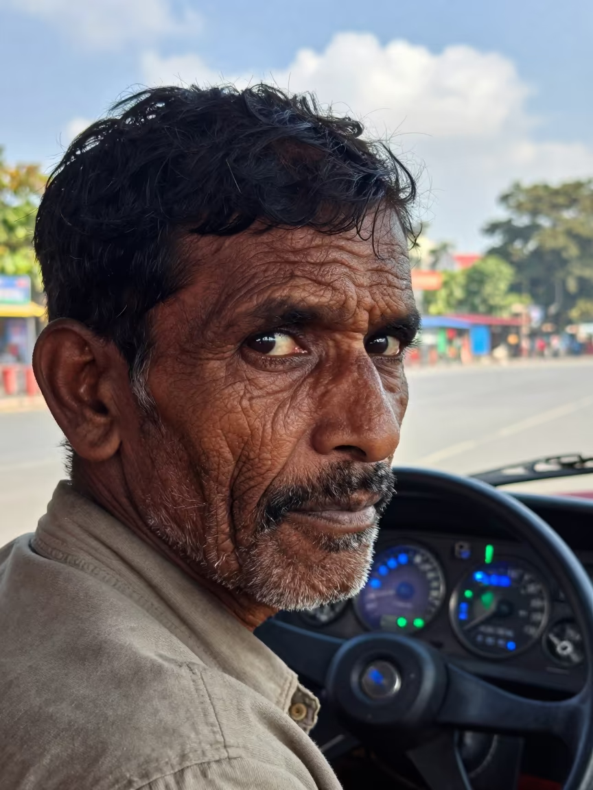 Weathered Trucker Face in Guwahati Morning Light in at a public square in Guwahati
