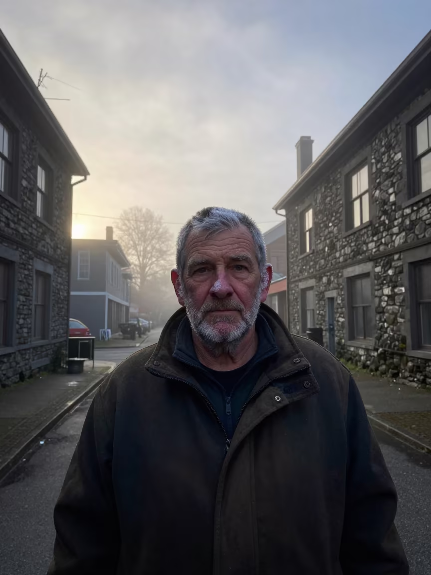 Weathered Trucker Portrait in Misty Vancouver Dawn in in the old quarter in Vancouver