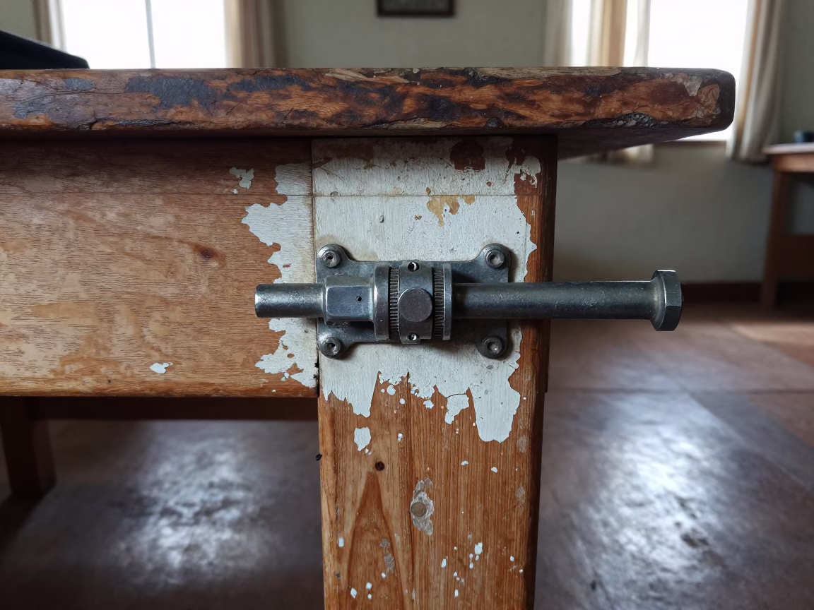 Weathered Turnbuckle on Painted Cabinet Front in on a wooden workbench in Lusaka