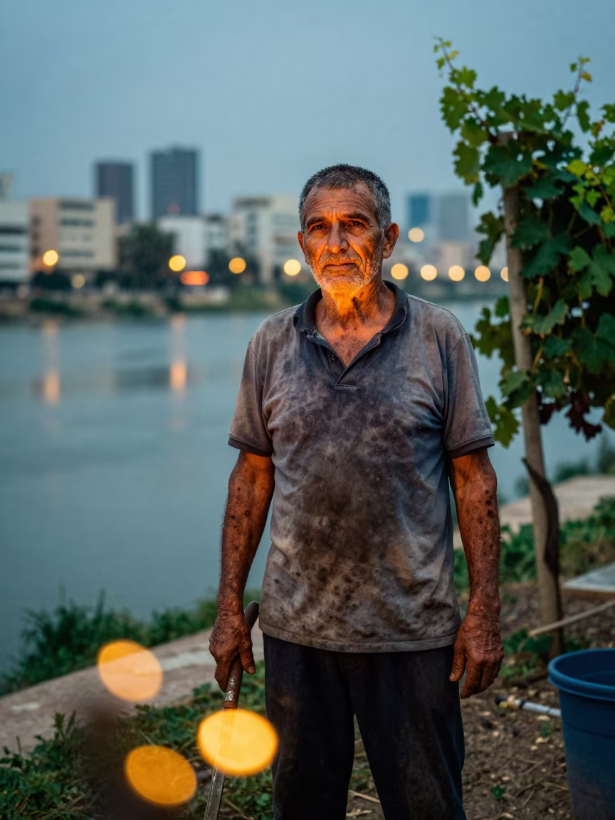 Weathered Vineyard Pruner in Florentin Drizzle in near a riverside landing in Florentin, Tel Aviv