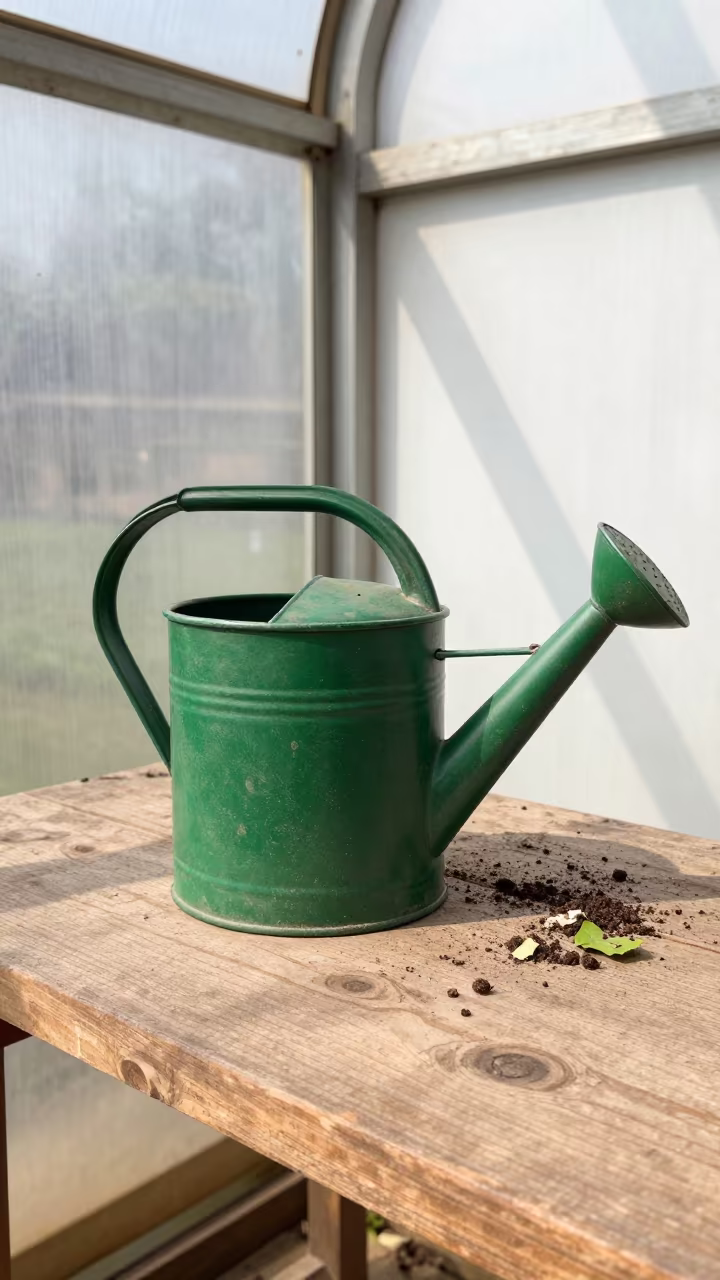 Weathered Watering Can on Potting Bench in on a wooden workbench near Bhaktapur