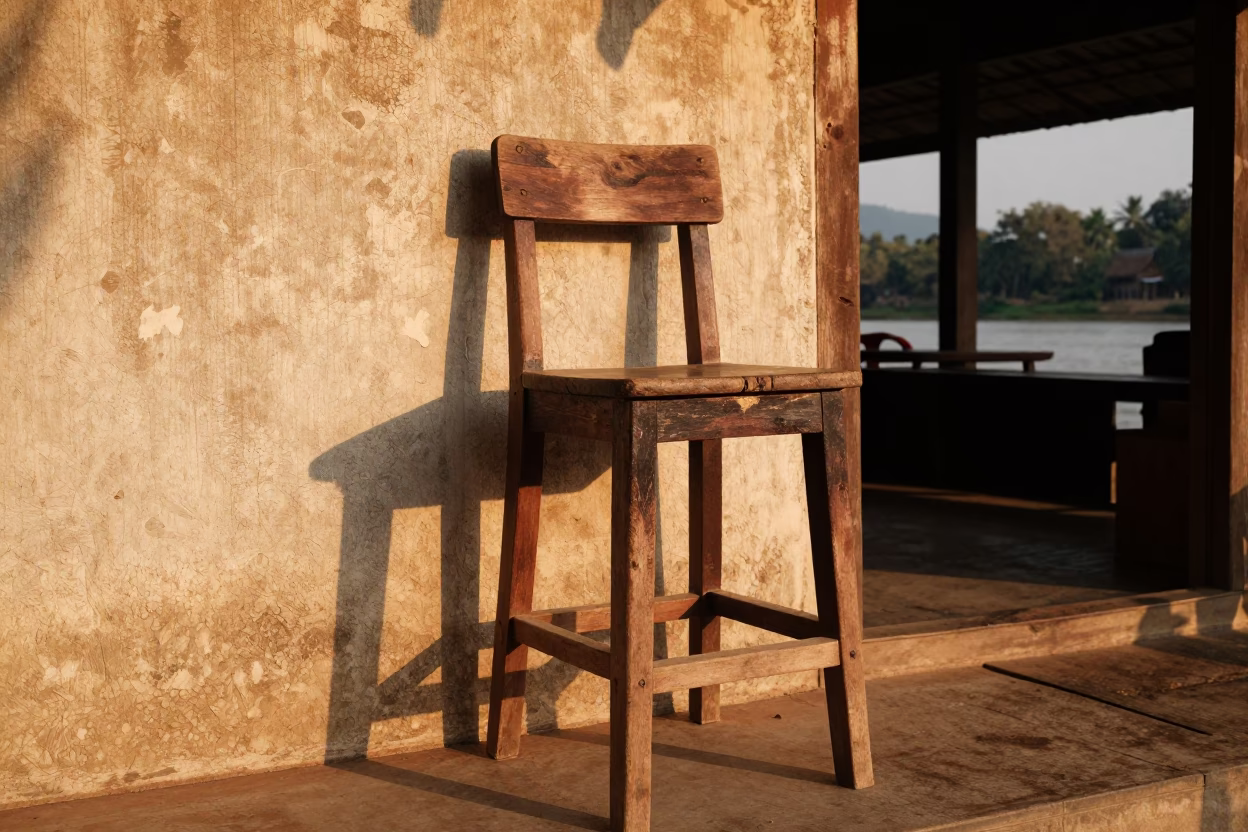 Weathered Wooden Bar Stool in Luang Prabang in in Luang Prabang, Laos