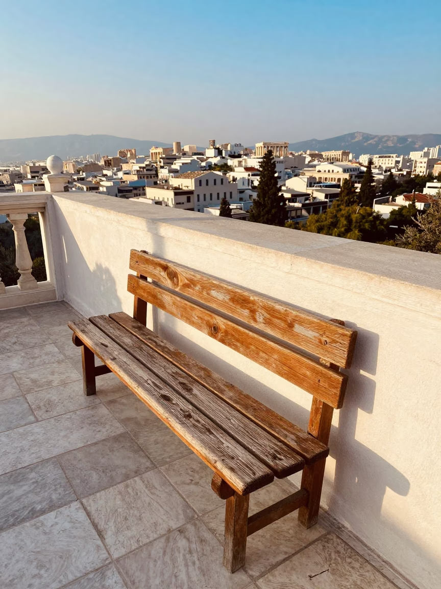 Weathered Wooden Bench in Athens in in Athens, Greece