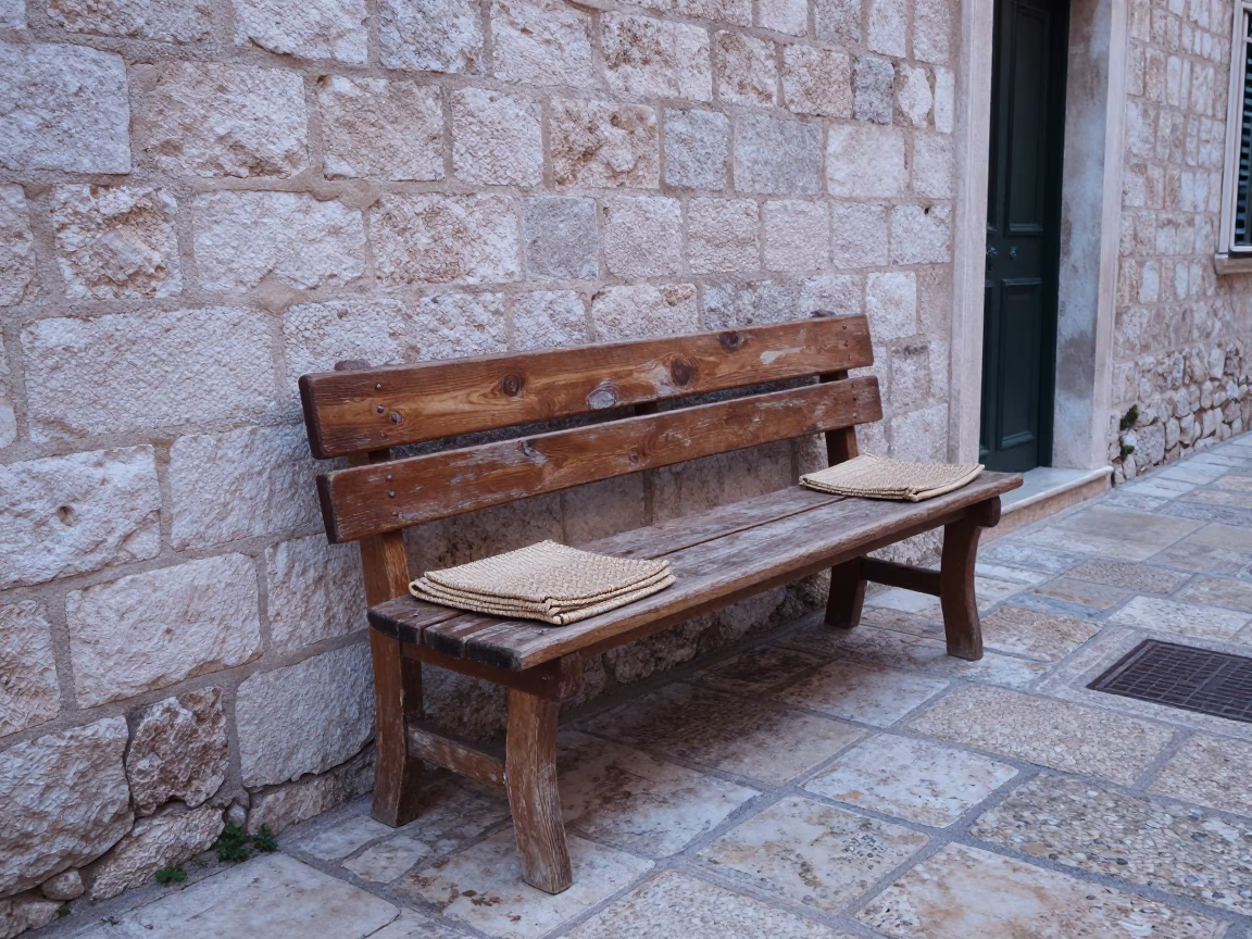 Weathered Wooden Bench in Dubrovnik in in Dubrovnik, Croatia