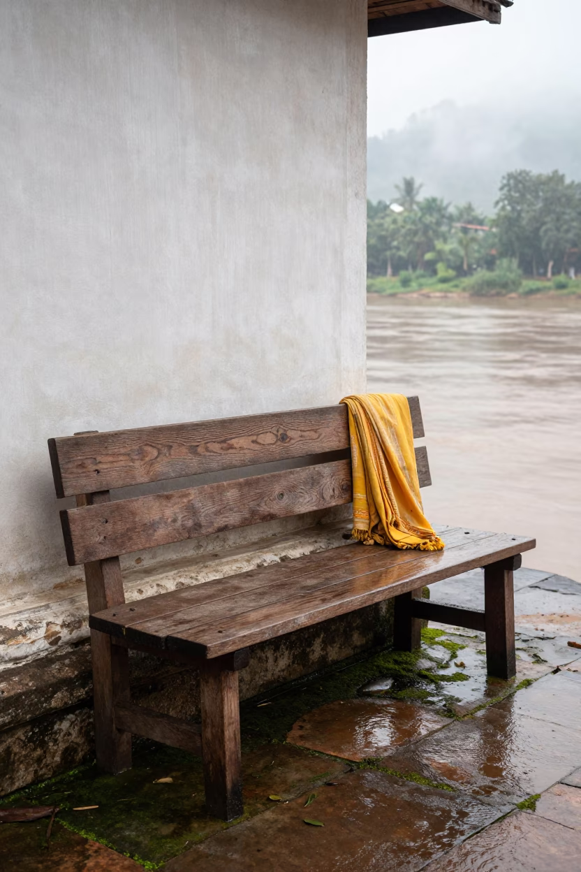 Weathered Wooden Bench in Luang Prabang in in Luang Prabang, Laos