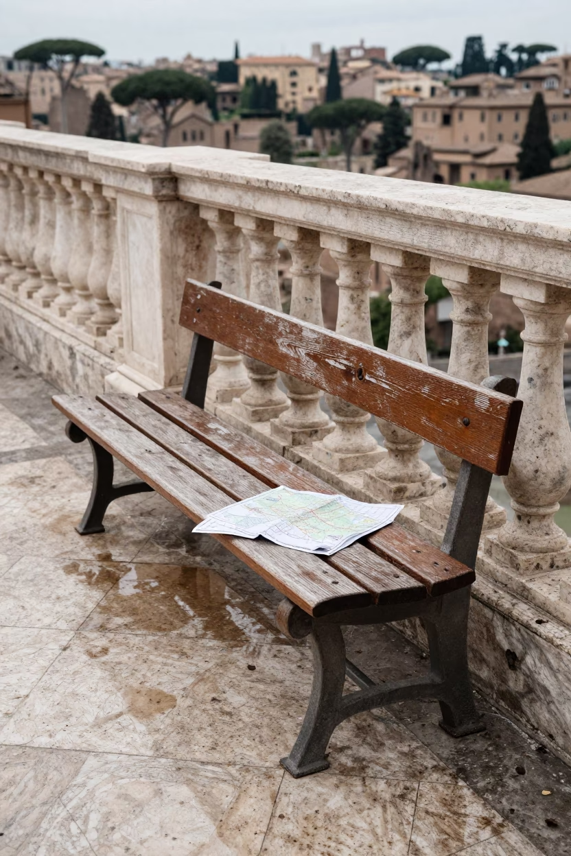 Weathered Wooden Bench in Rome in in Rome, Italy