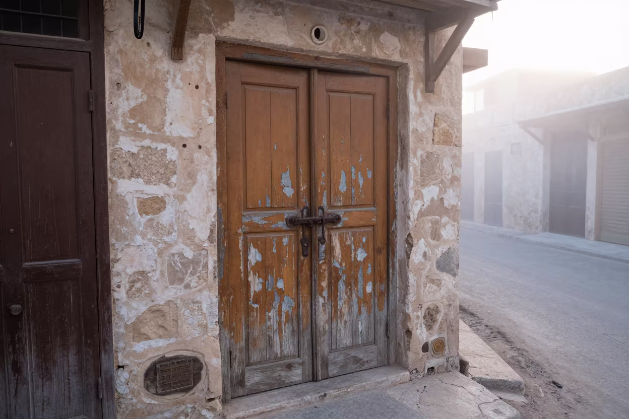 Weathered Wooden Door in Mist Before Sunrise Al-Muharraq in along a market lane in Al-Muharraq
