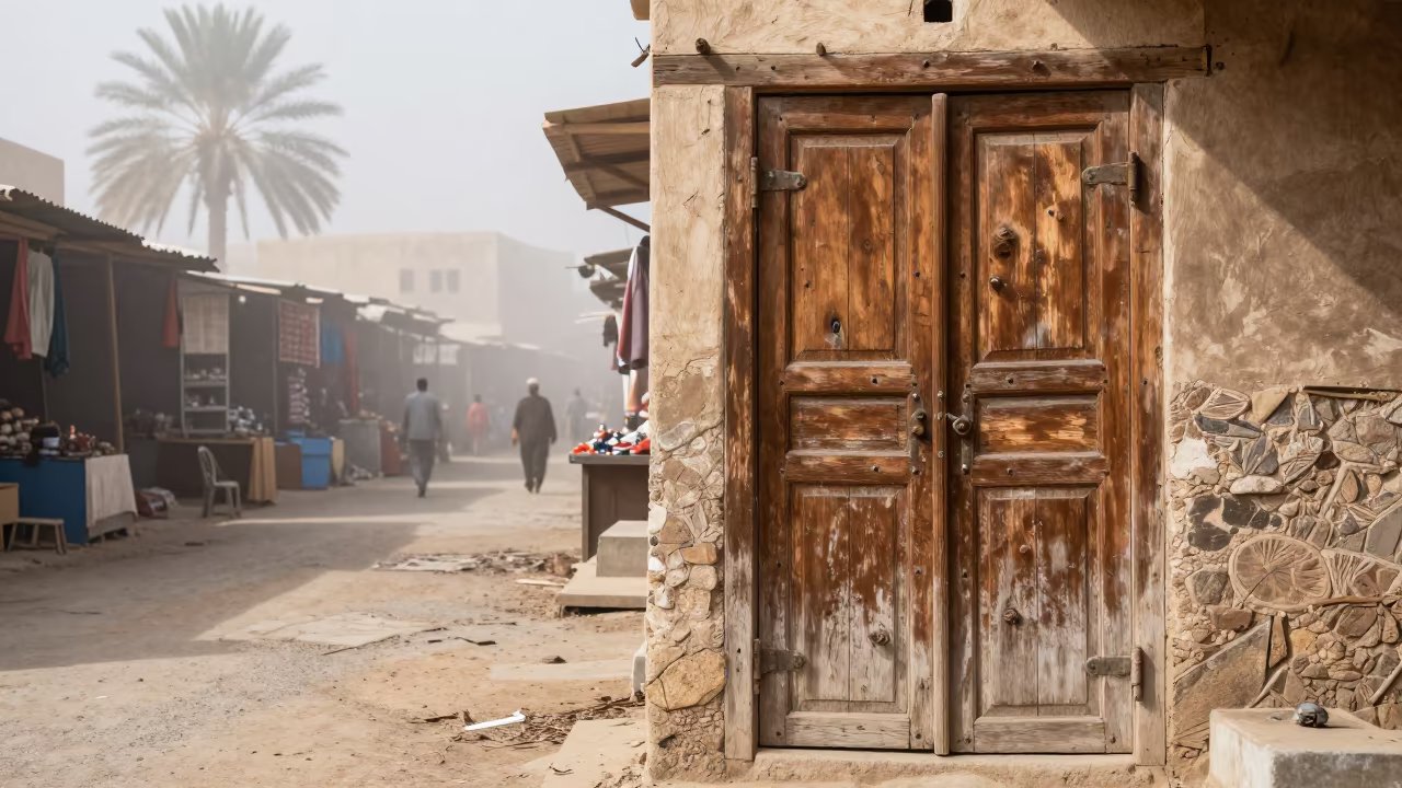 Weathered Wooden Door Along Mukalla Market Lane in along a market lane in Mukalla