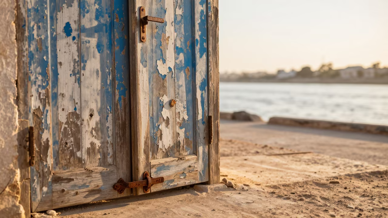 Weathered Door Near Rabat Riverside at Sunset in near a riverside landing in Rabat