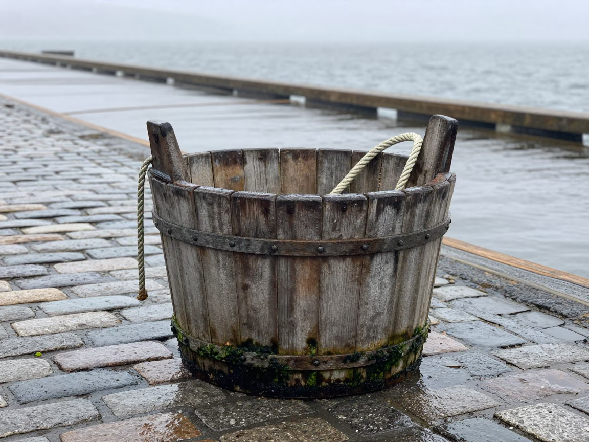 Weathered Wooden Fishing Bucket in Bergen in in Bergen, Norway