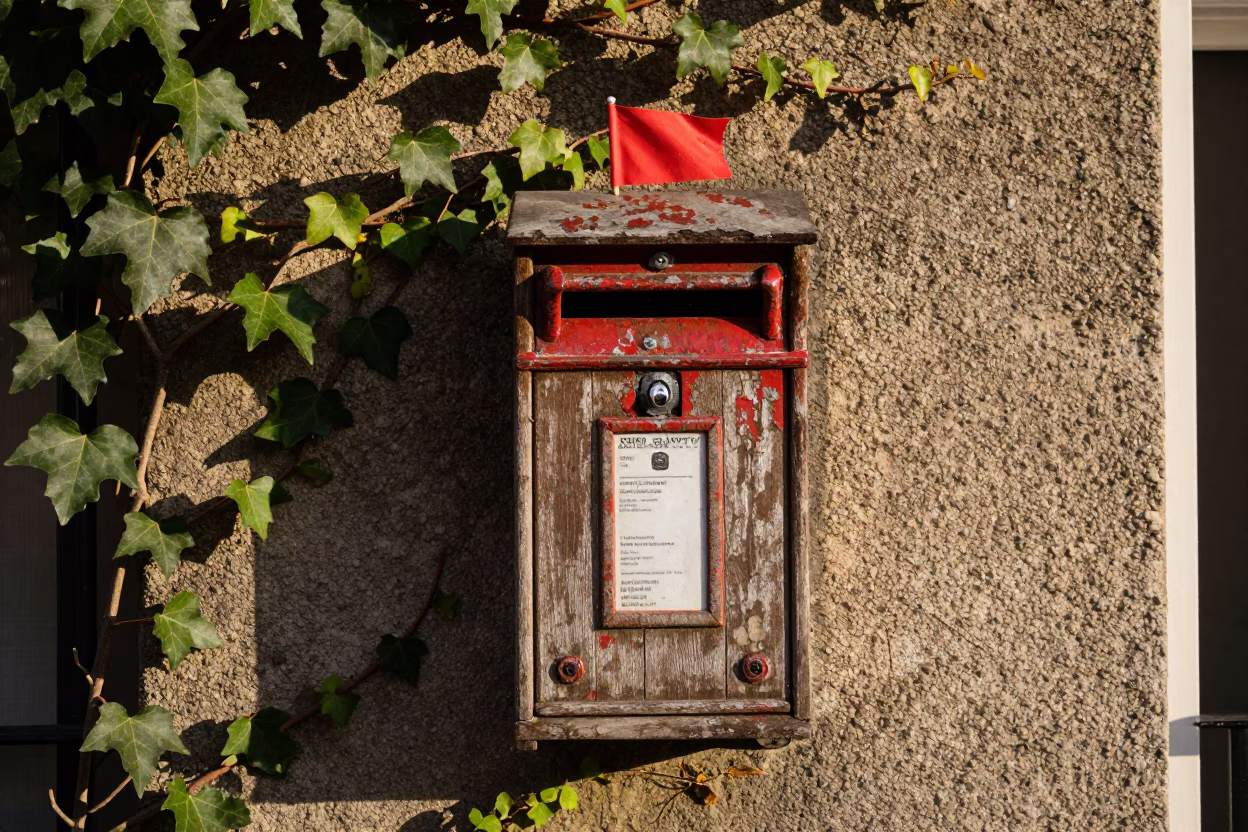 Weathered Wooden Mailbox in London in in London, United Kingdom
