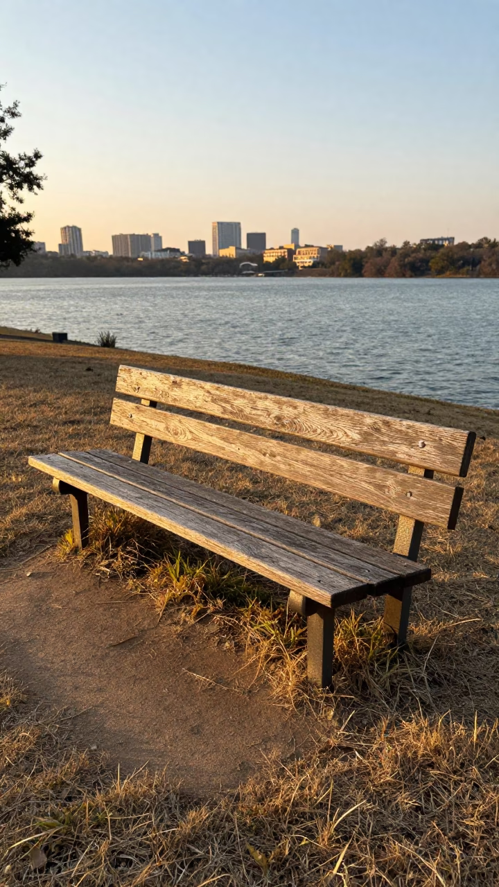 Weathered Wooden Park Bench in Austin in in Austin, United States