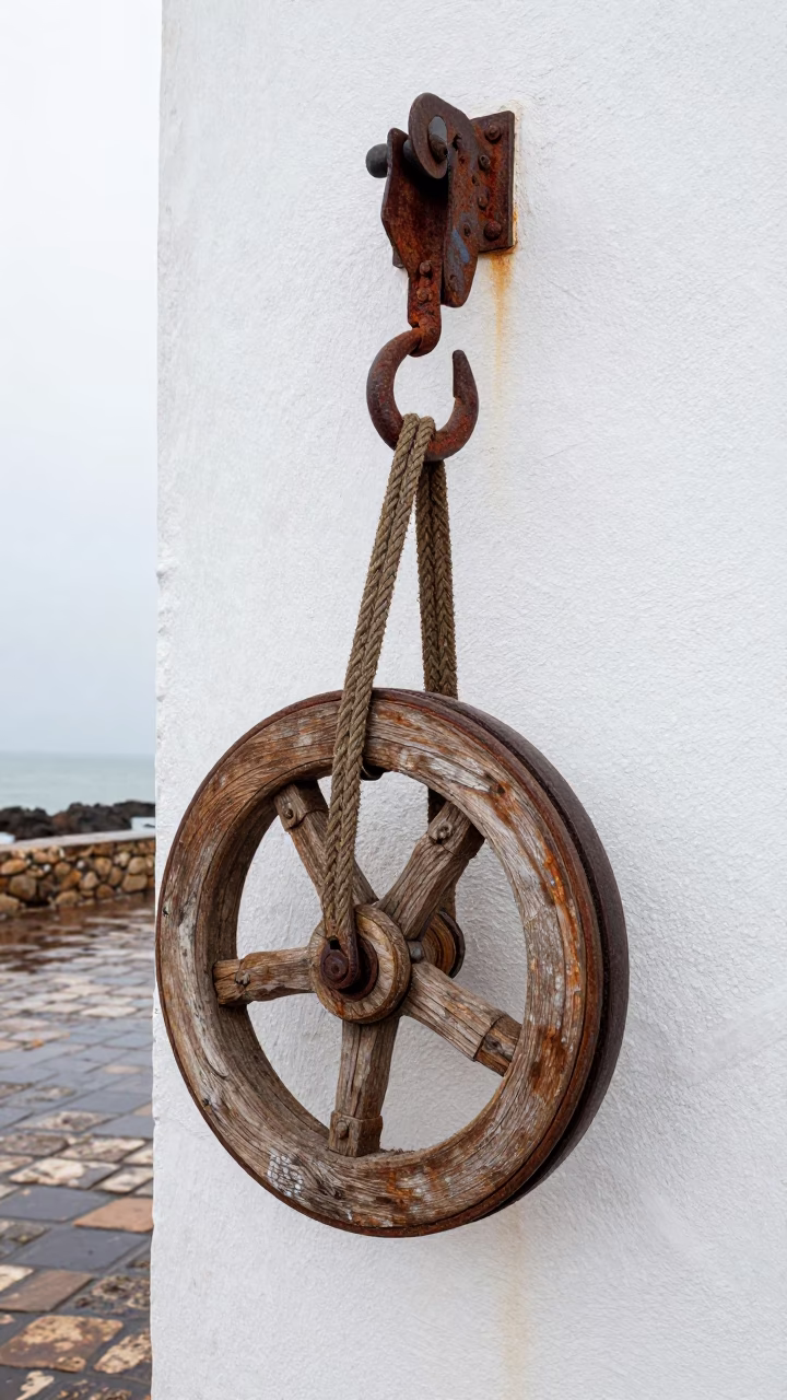 Weathered Wooden Pulley in Essaouira in in Essaouira, Morocco