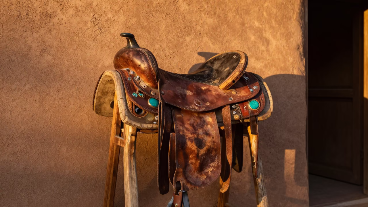 Weathered Wooden Saddle in Santa Fe in in Santa Fe, United States