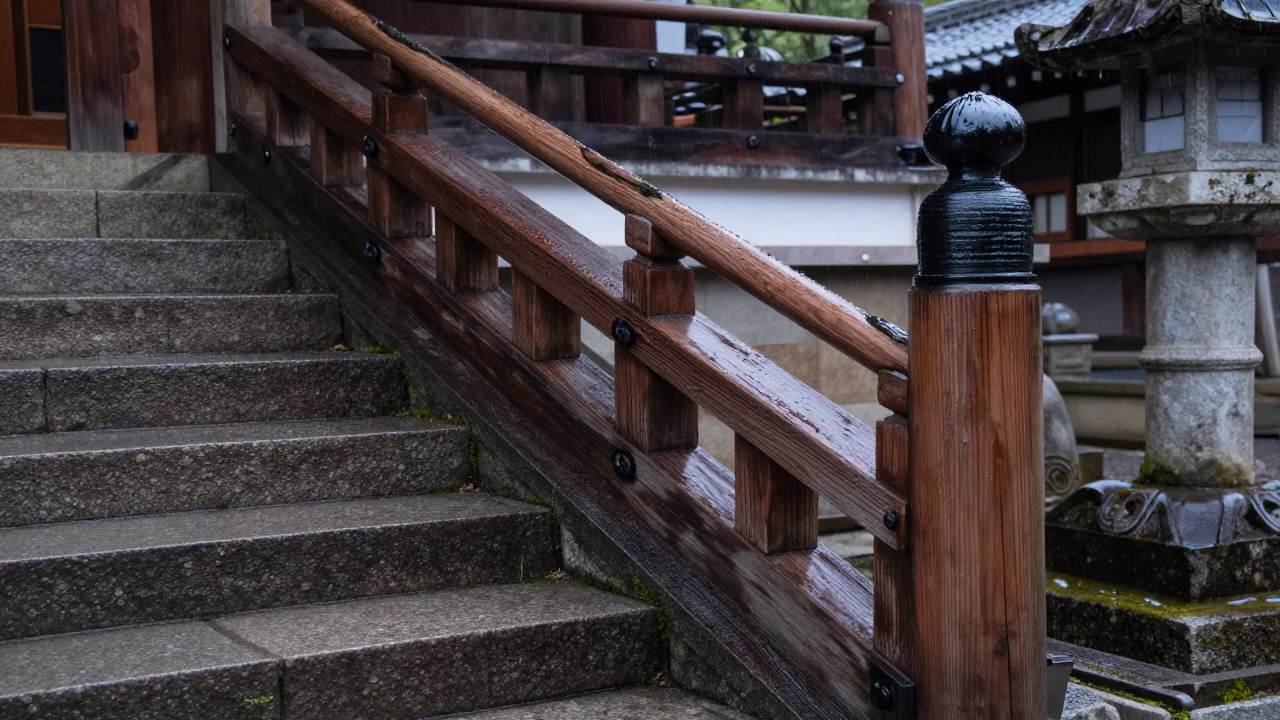 Weathered Wooden Stair Rail in Kyoto in in Kyoto, Japan