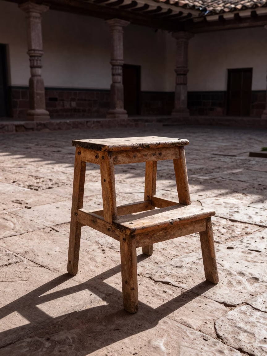 Weathered Wooden Step Stool in Cusco in in Cusco, Peru