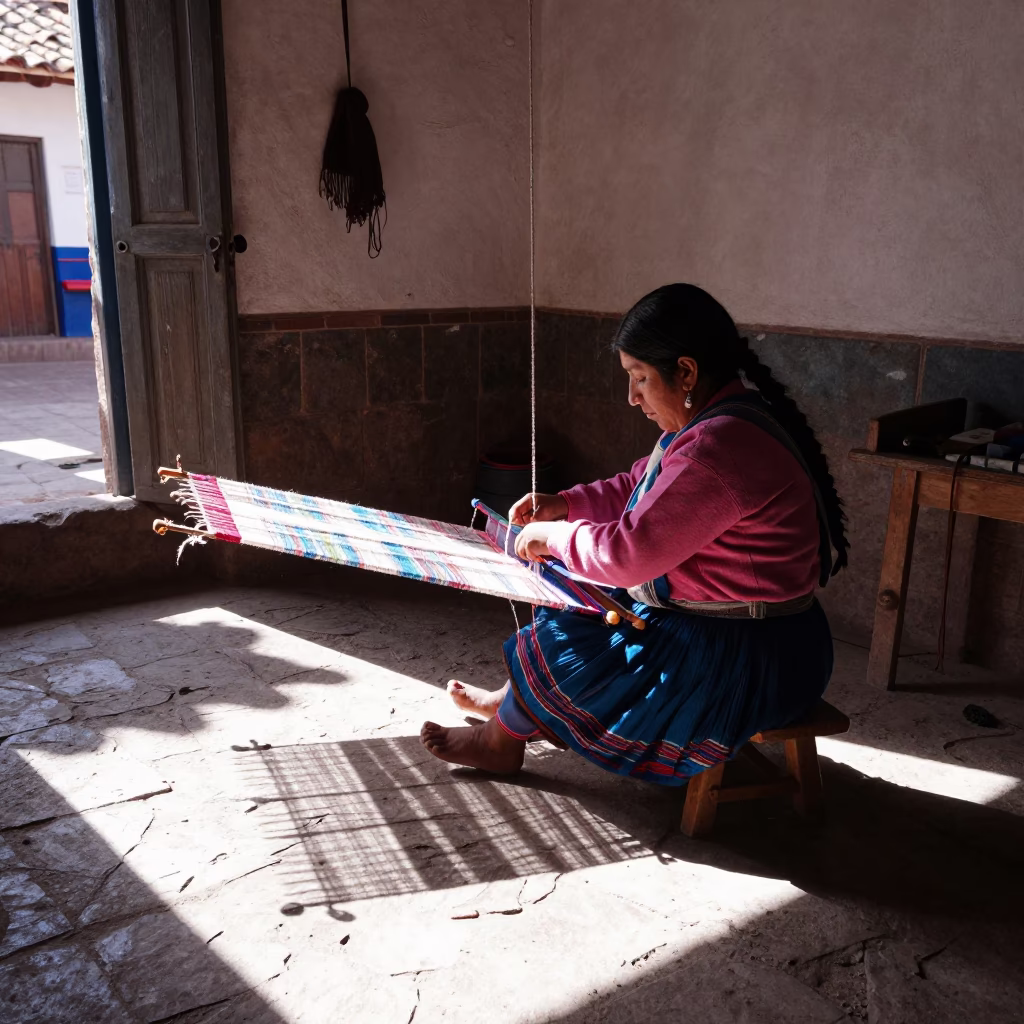 Weaver at Late Morning Light in in Cusco, Peru