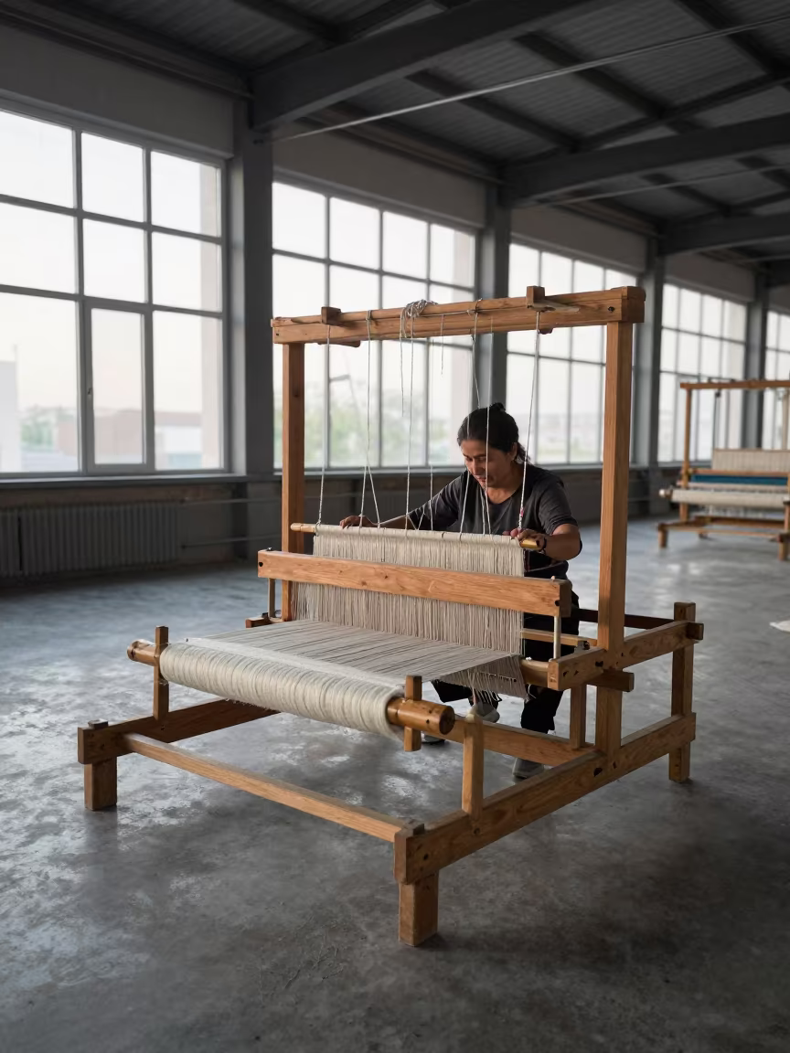 Weaver at Loom in Almaty Loft at Dawn in in a warehouse loft in Almaty