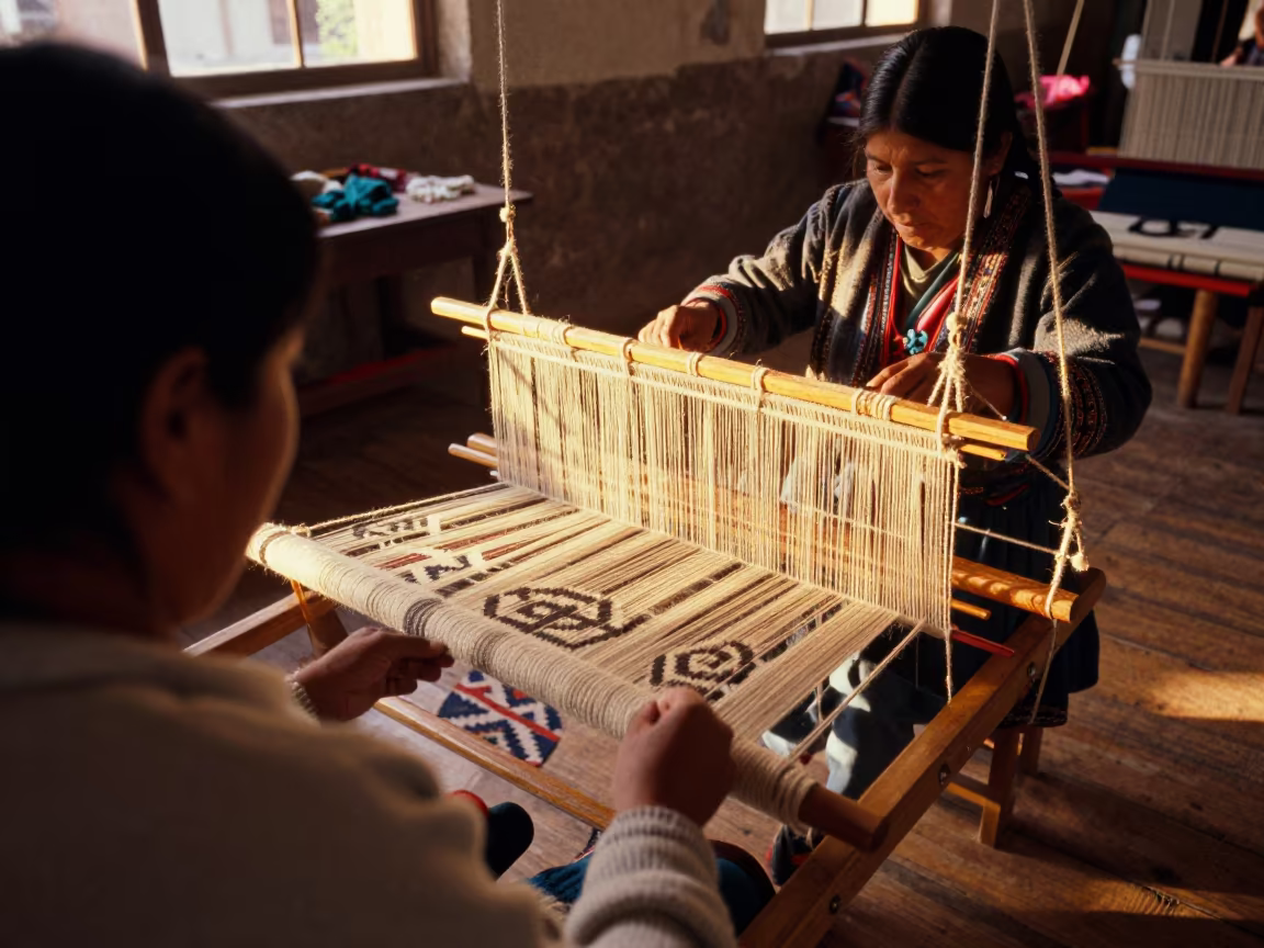 Weaver at Loom in La Paz Market Hall in in a market hall in La Paz