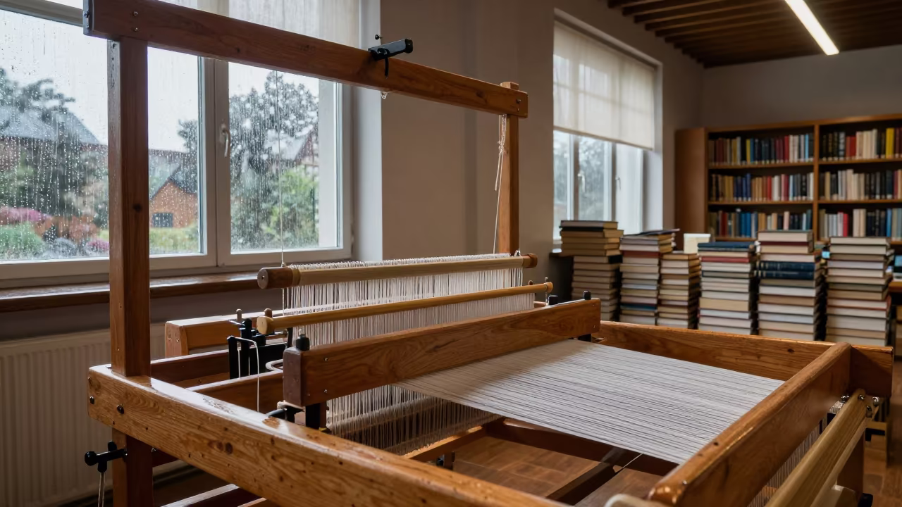 Weaver at Loom in Liège Library Afternoon Light in in a library reading room in Liège
