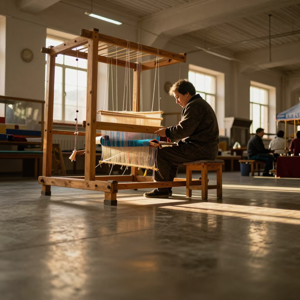 Weaver at Backstrap Loom in Almaty Market Hall in in a market hall in Almaty