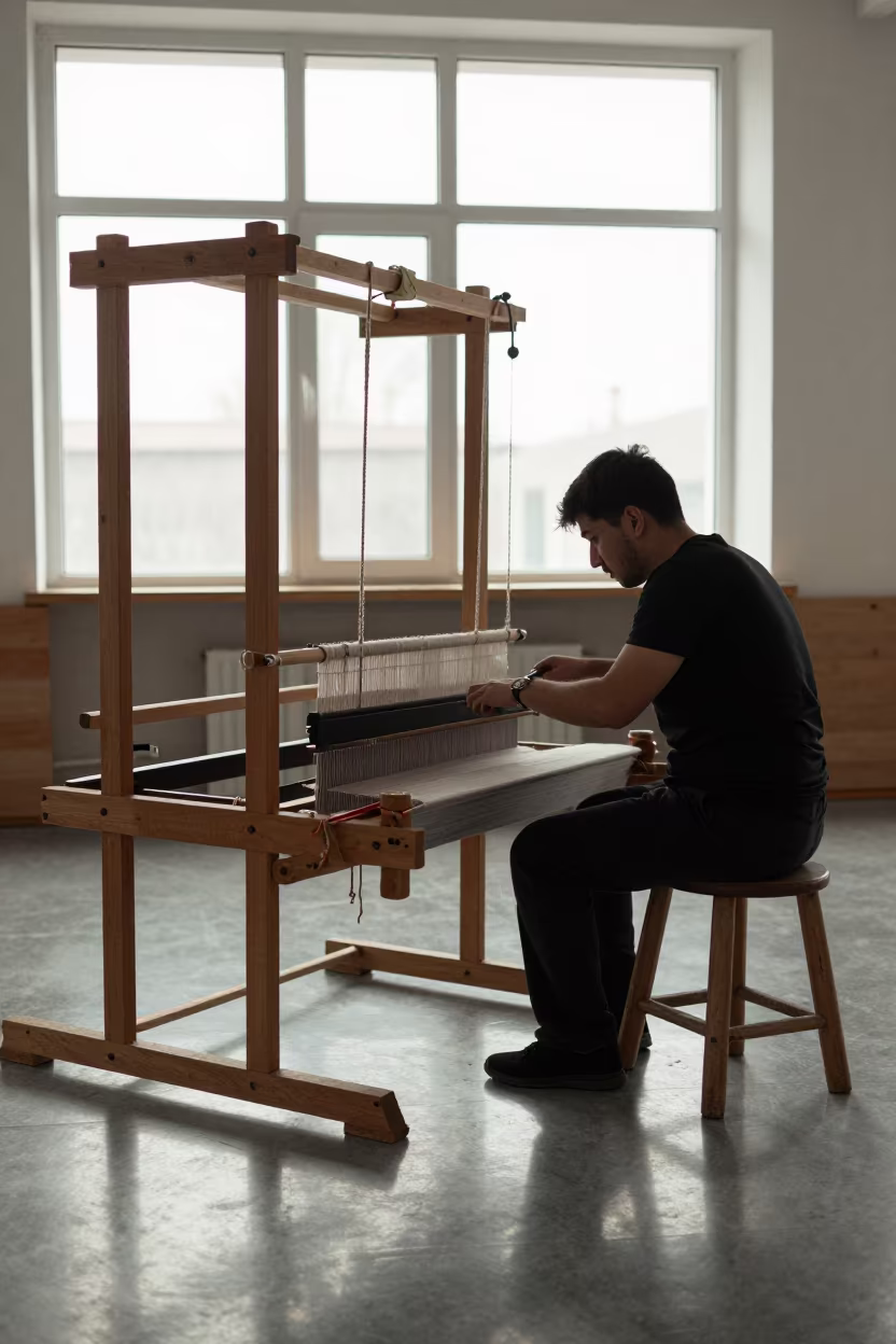 Weaver at Backstrap Loom in Almaty Rehearsal Room in in a rehearsal room in Almaty