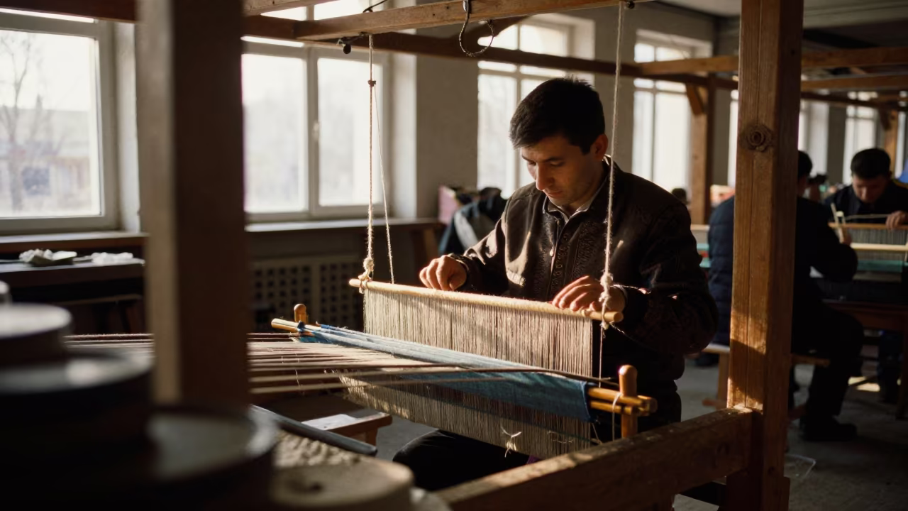 Weaver at Backstrap Loom in Bishkek Market Hall in in a market hall in Bishkek