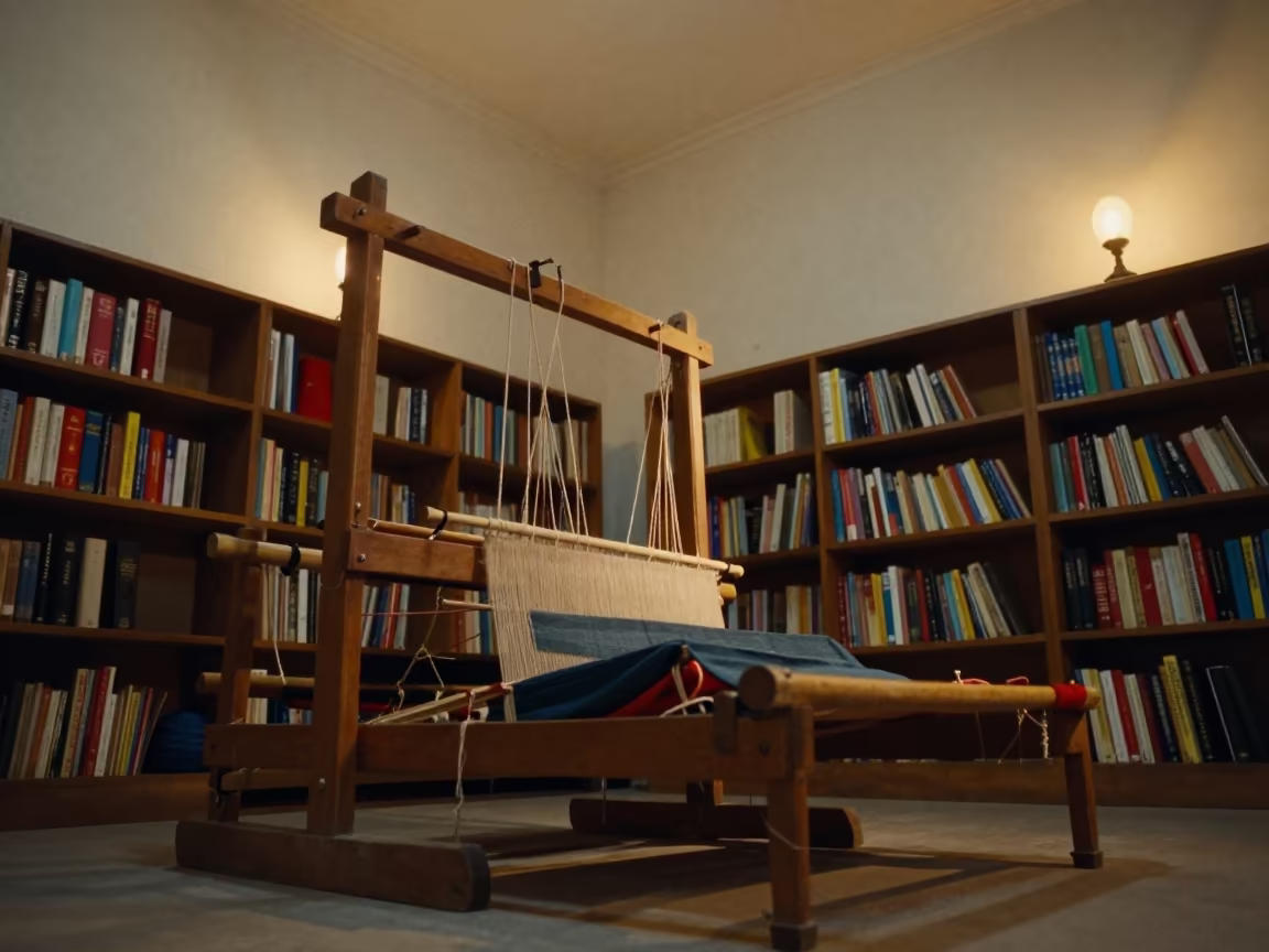 Weaver at Backstrap Loom in Library Reading Room in in a library reading room in Pokhara